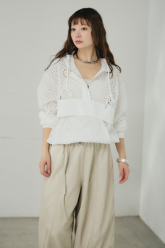 【着回しセット】[SET]ミックスメッシュキーネックプルオーバー+レースハーフジップアップフーディー +ベルト付きツータックワイドパンツ(3set)