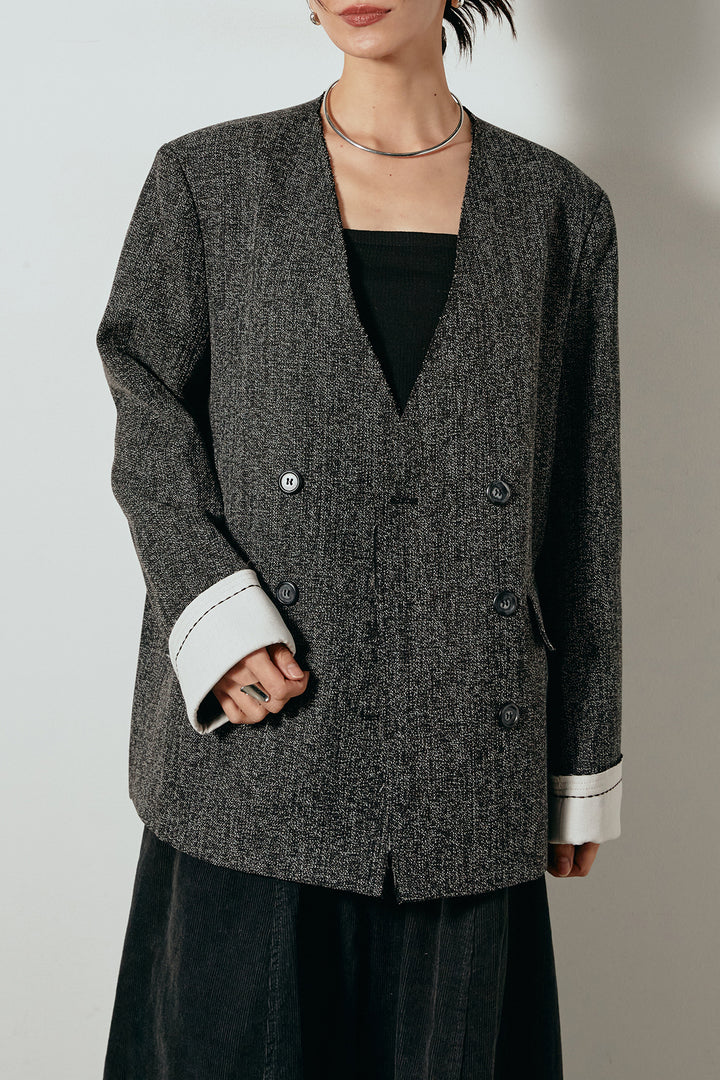 ノーカラーダブルボタンツイードジャケット