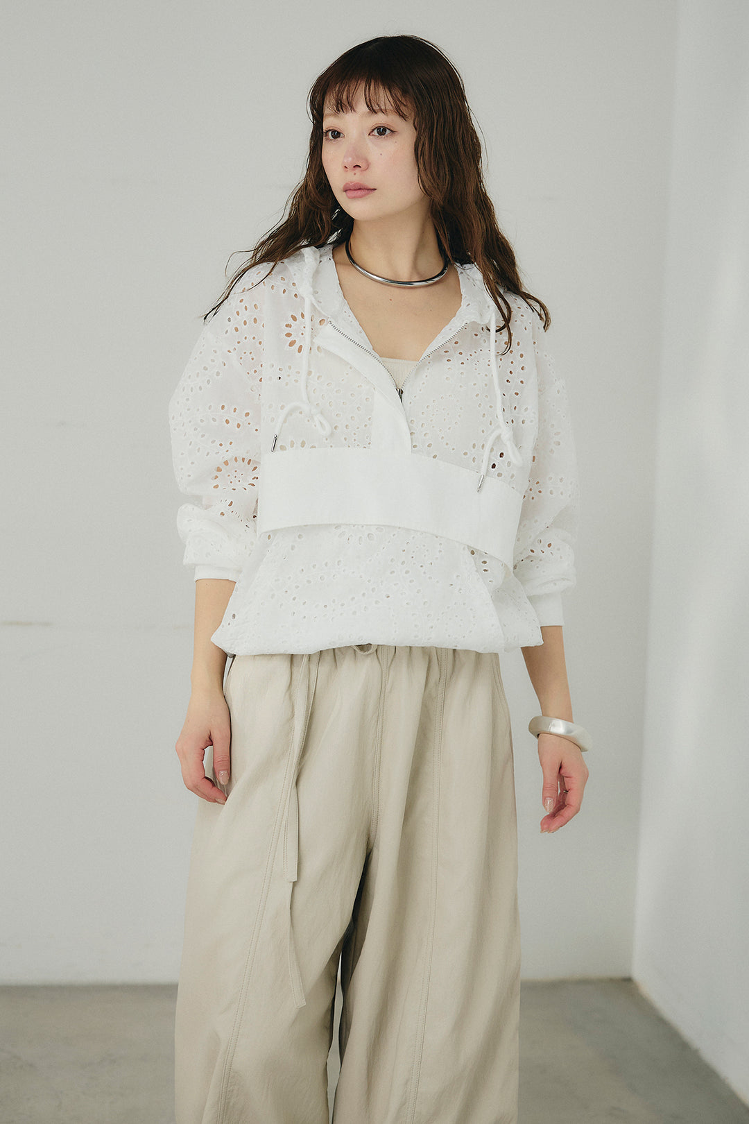 [SET]レースハーフジップアップフーディー+フェイクレザーカーブワイドパンツ(2set)