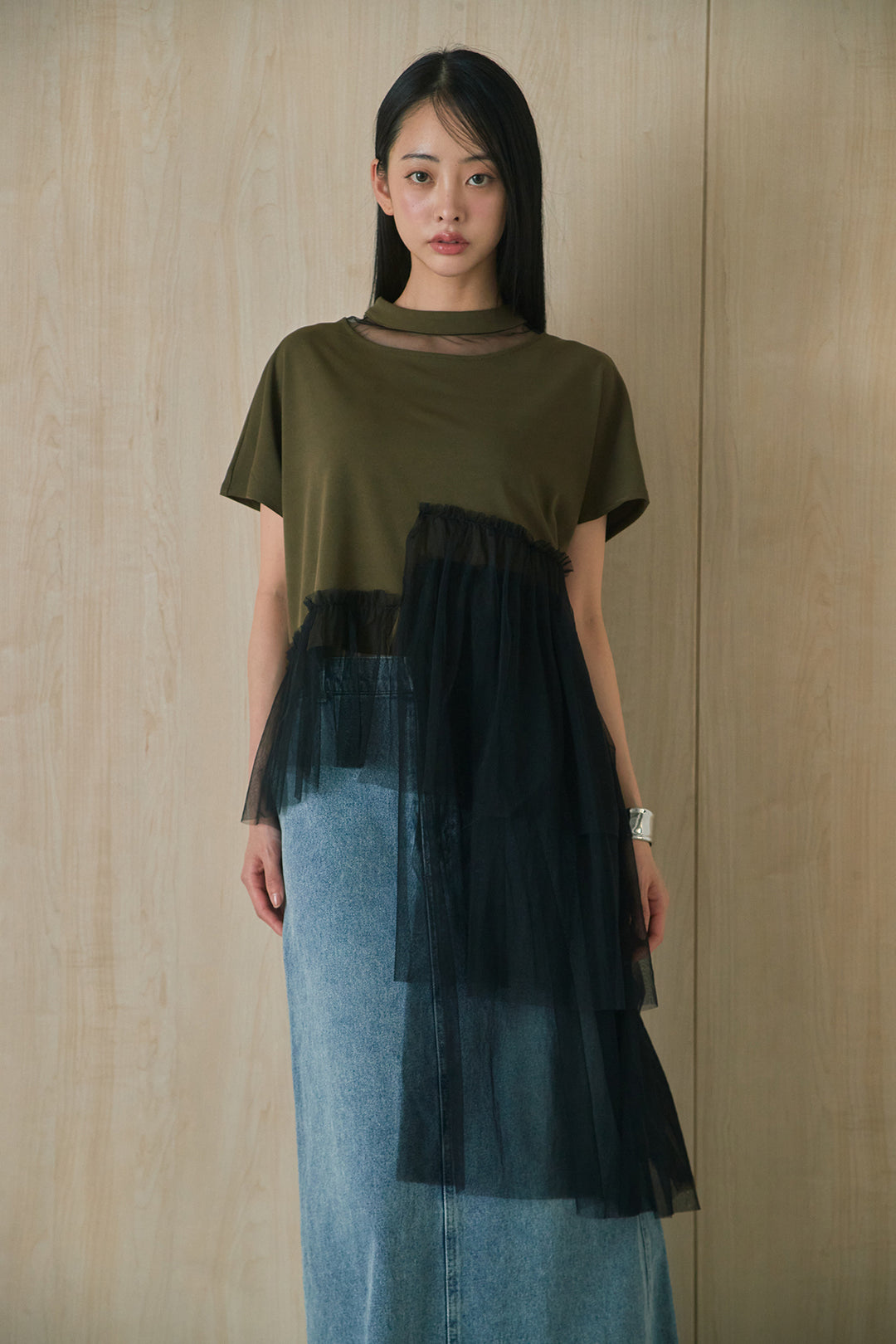 [SET]アシンメトリーチュールフリルTシャツ+デニムロングフレアスカート(2set)
