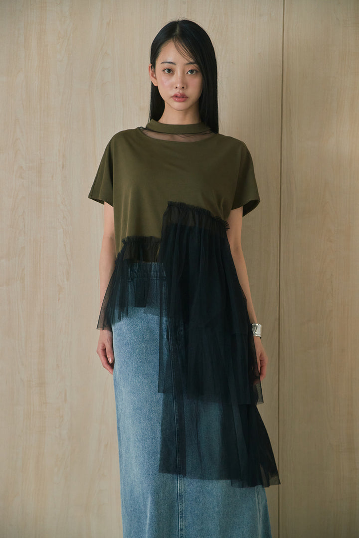[SET]アシンメトリーチュールフリルTシャツ+デニムロングフレアスカート(2set)