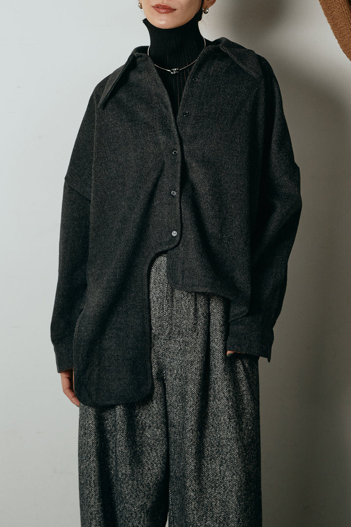 [SET]裾アシンメトリーデザインシャツ+タックツイードワイドパンツ(2set)