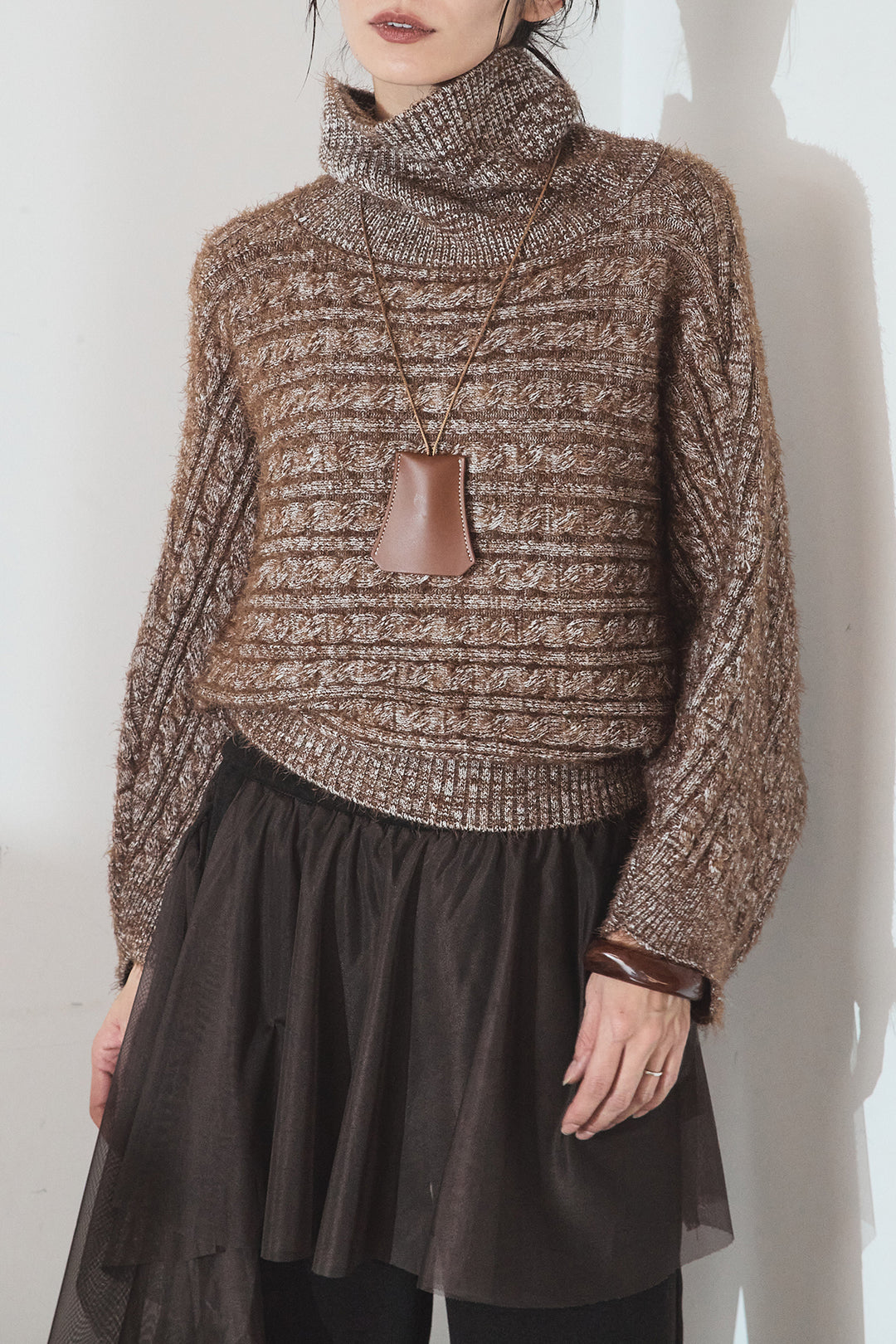 [SET]ミックス編みドルマンニットトップス+ベルト付きレザーライクタックパンツ(2set)