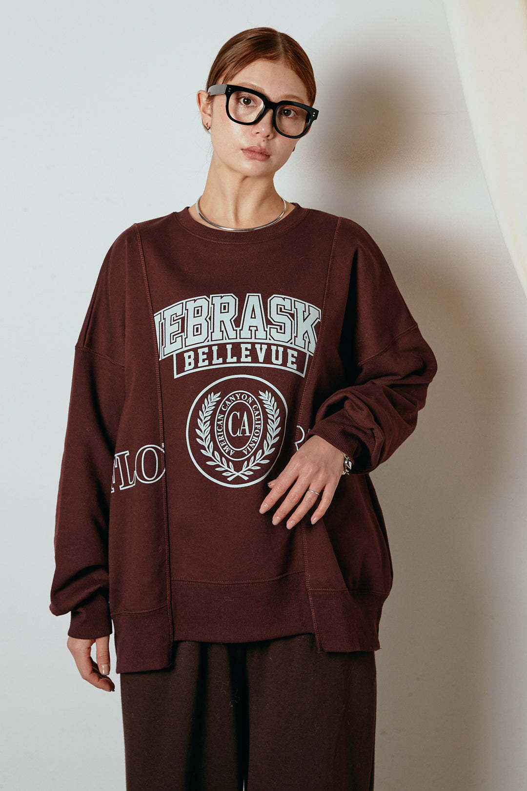 [SET]裏毛カレッジプリントプルオーバー+裏起毛スウェットワイドパンツ(2set)