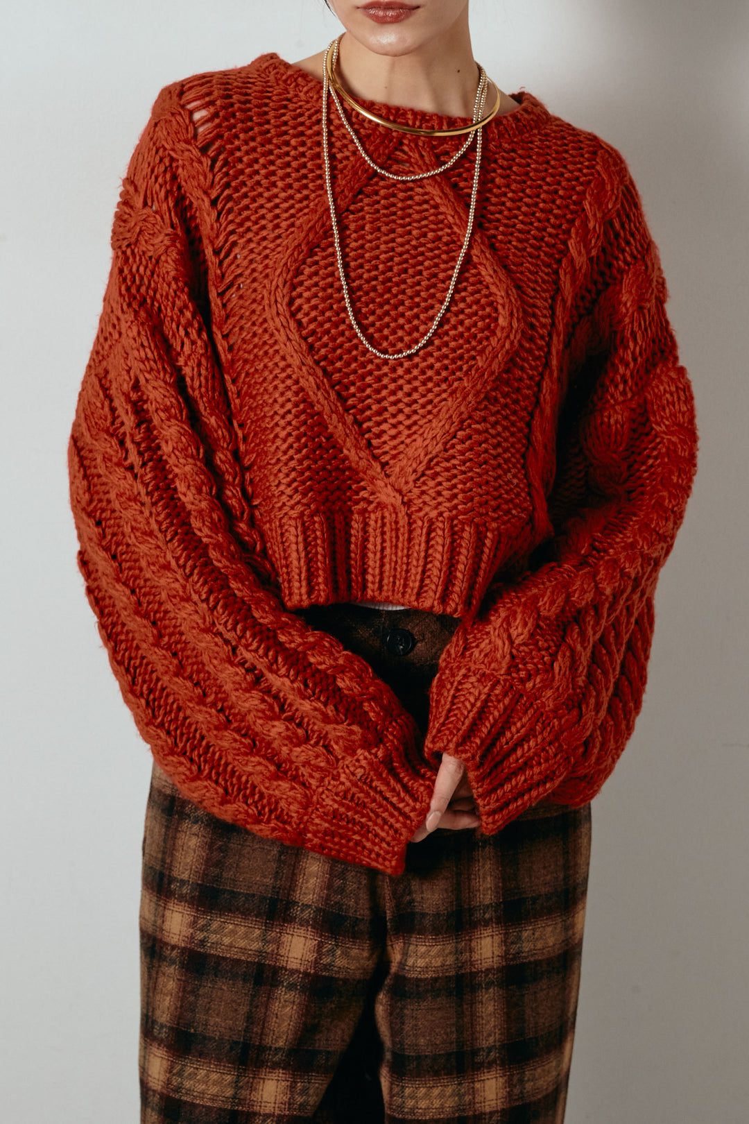 [SET]ロービングケーブルショート丈プルオーバー+サイドボタンツイードタックパンツ(2set)