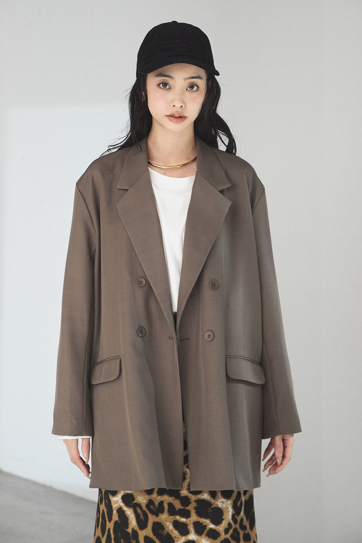 [SET]ルーズシルエットダブルテーラードジャケット+ストレッチロングTシャツ+レオパードサテンナロースカート(3set)