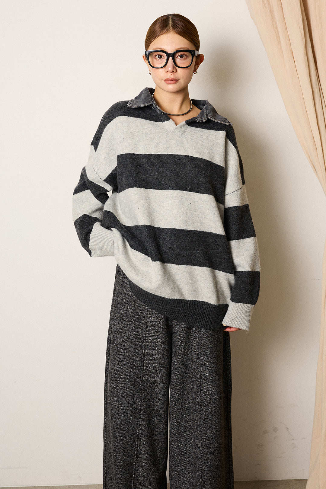 [SET]デニムカラーボーダールーズニット+太ベルト付きツイードワイドパンツ(2set)