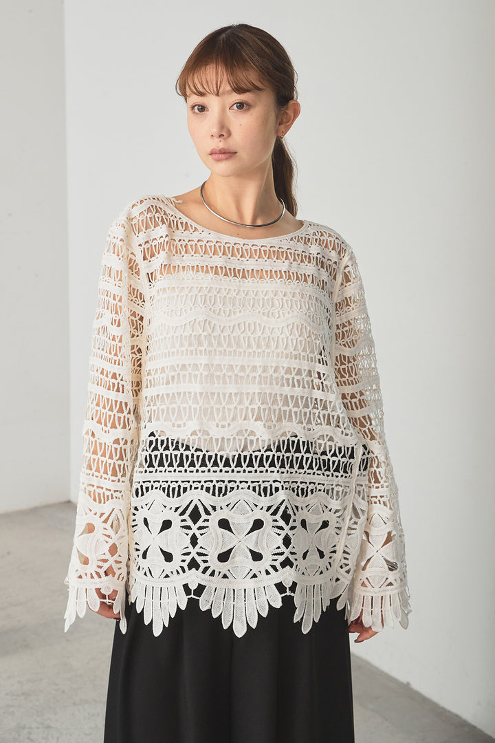 [SET]裾デザインメッシュプルオーバー+ベルト付きツータックワイドパンツ(2set)