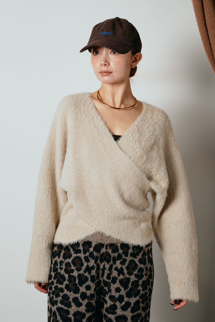 [SET]シャギーカシュクールニットトップス+リラックスレオパード柄ニットパンツ(2set)
