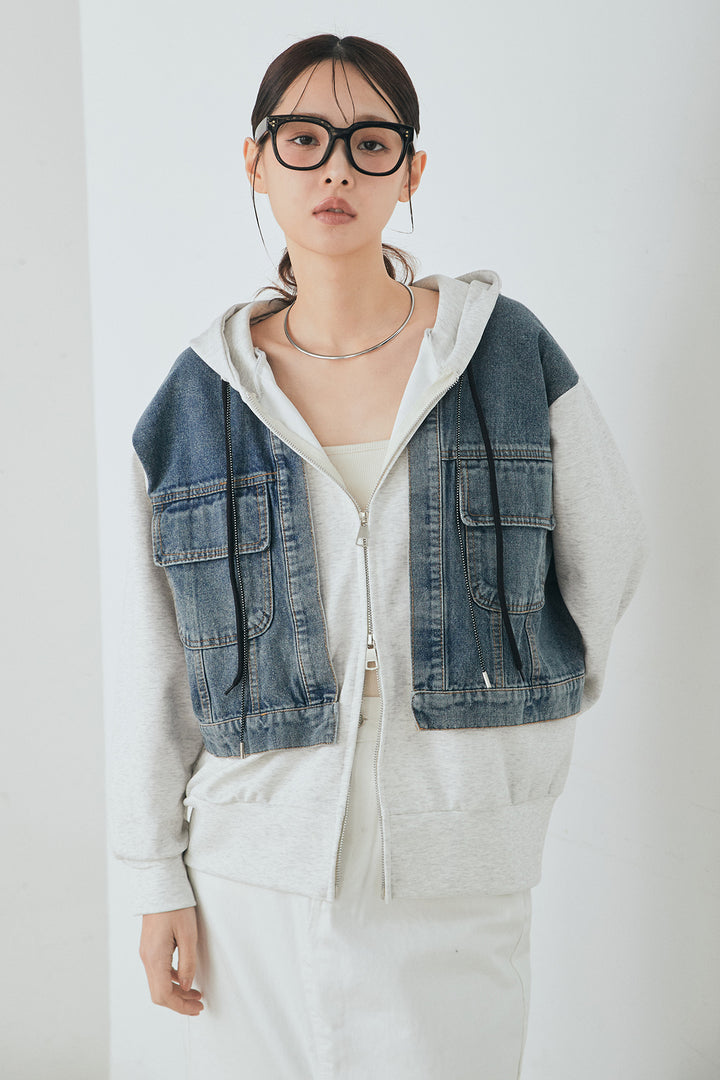 [SET]デニム切替ポンチダブルジップパーカー+裾レースデザインデニムスカート(2set)