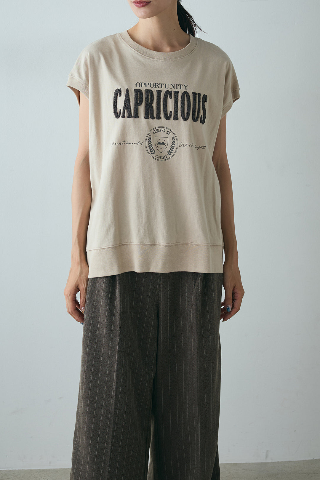 [SET]サガラ刺繍フレンチスリーブTシャツ+ピンストライプサイドラインワイドパンツ(2set)