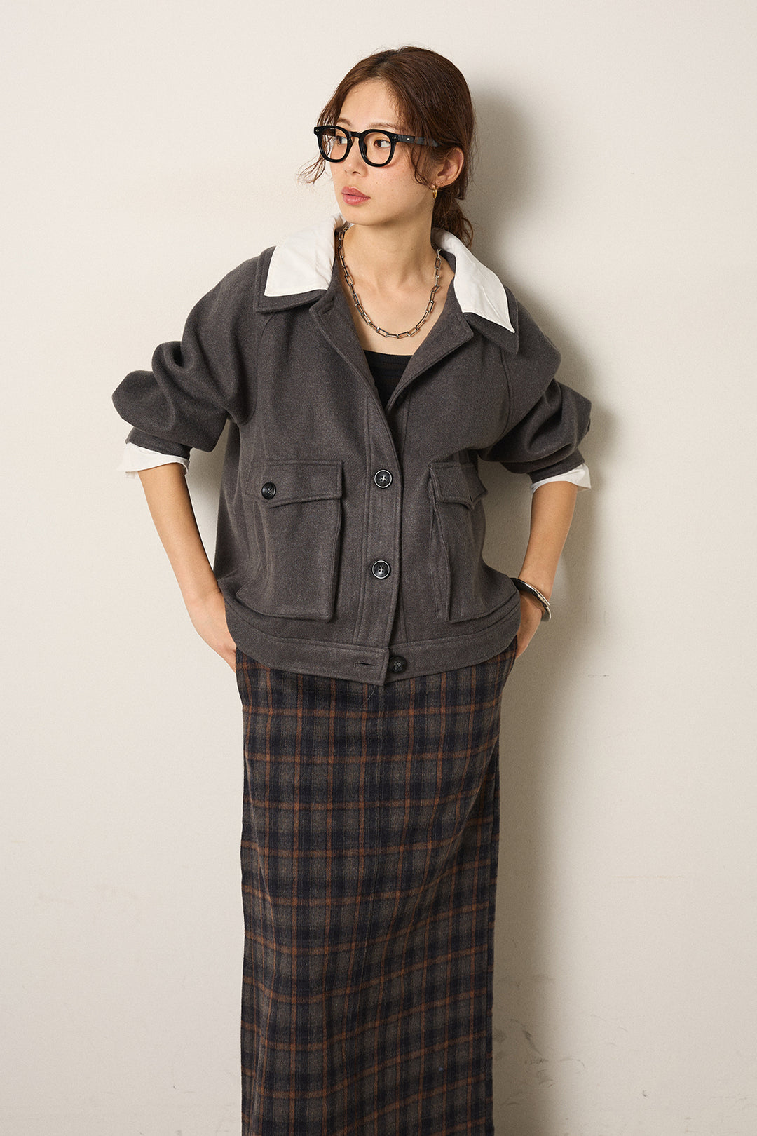 [SET]衿レイヤードフェイクウールジャケット+シャギーチェックストレートスカート(2set)