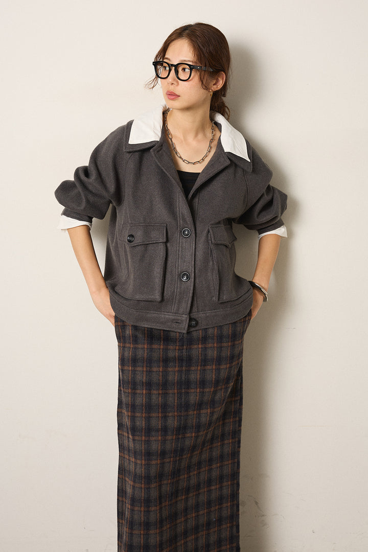 [SET]衿レイヤードフェイクウールジャケット+シャギーチェックストレートスカート(2set)