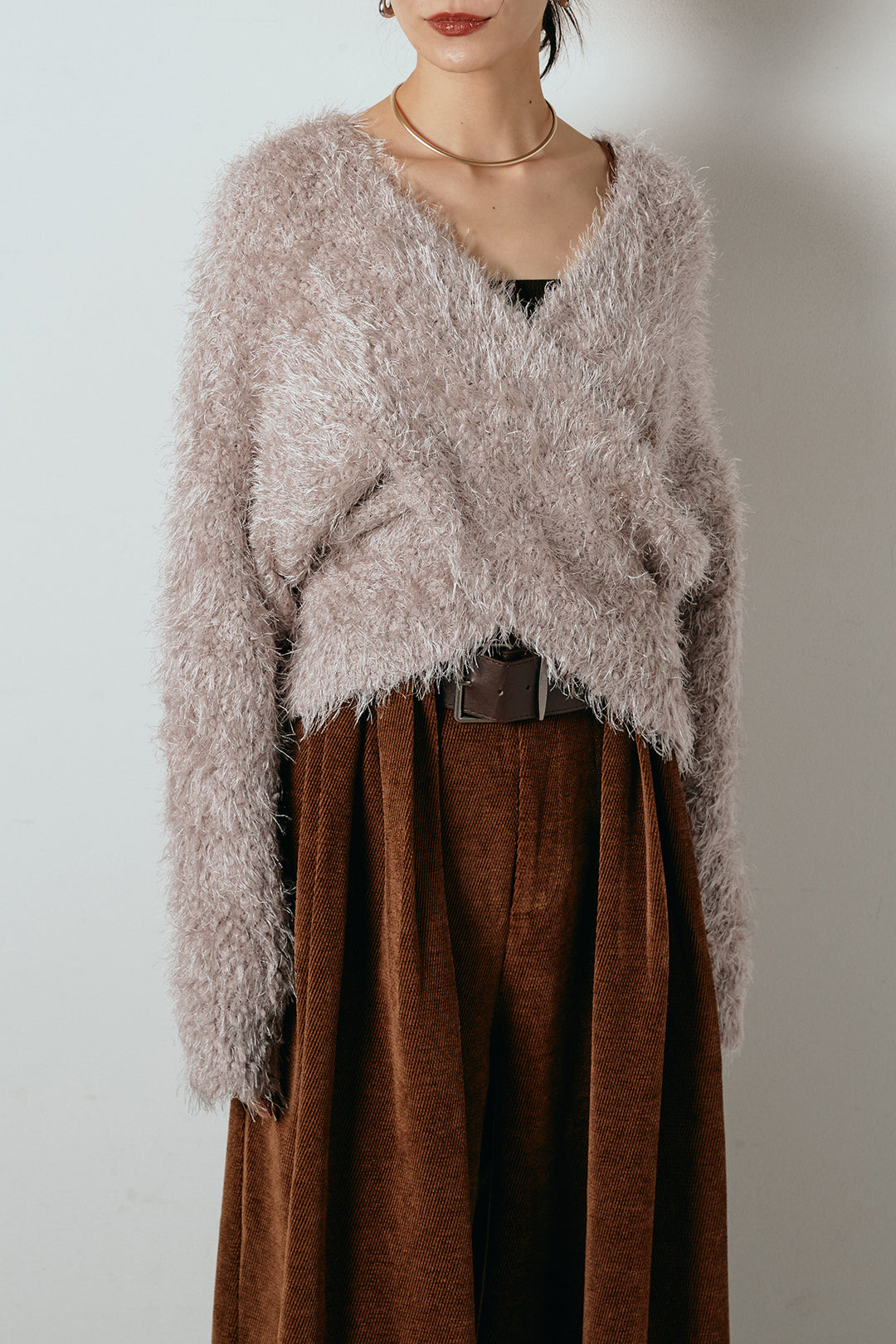 [SET]シャギークロスニットトップス+細ベルト付き起毛タックワイドパンツ(2set)