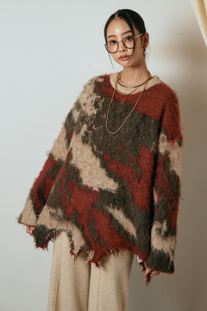 起毛裾デザインニュアンス柄ニットトップス