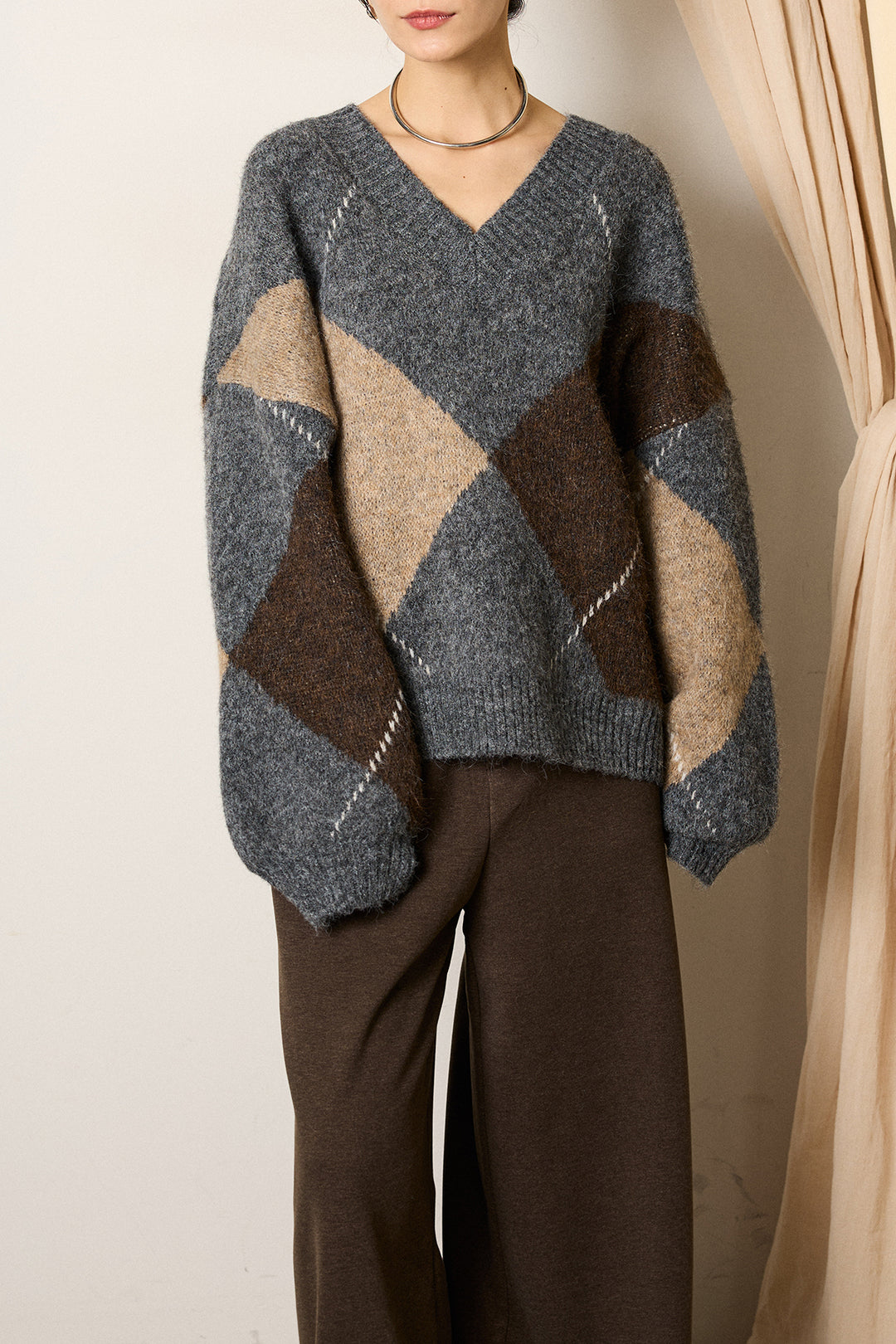 [SET]ルーズアーガイルVネックニット+編み地切り替えフレアニットスカート(2set)