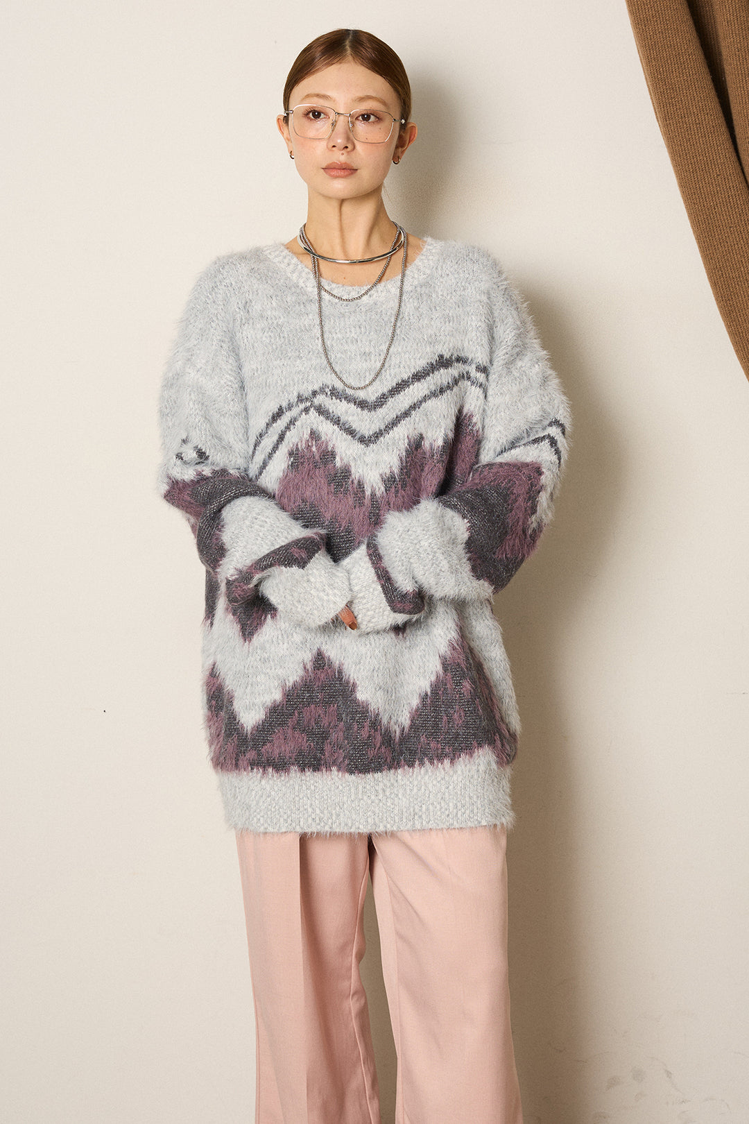 【即納】シャギーニュアンスライン柄ニットトップス