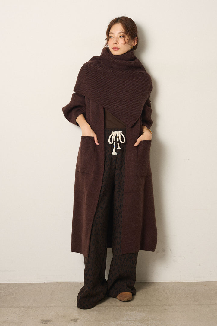 [SET]ケープレイヤードロングカーディガン+レオパードジャガードニットパンツ(2set)