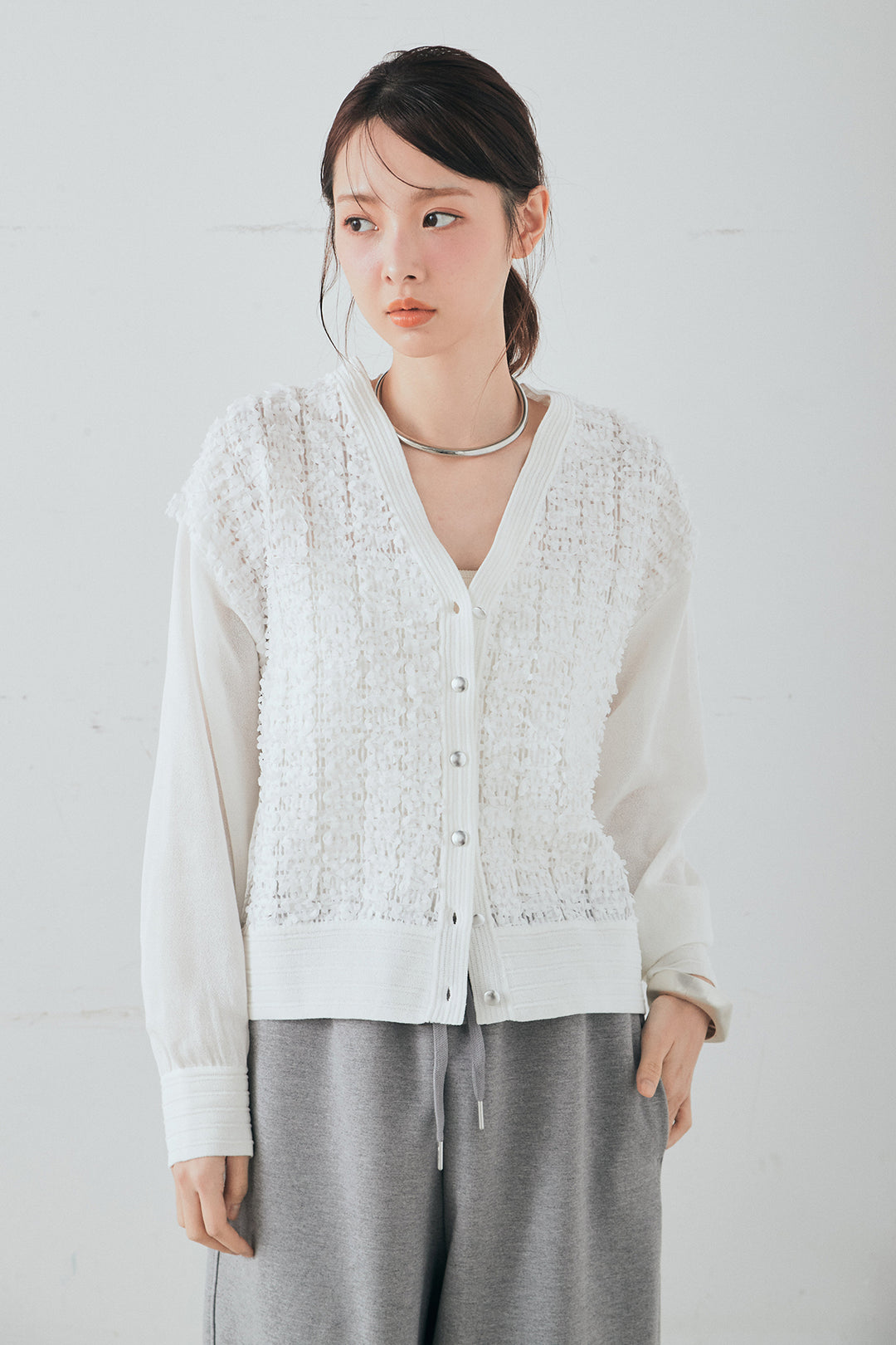 [SET]モコレースVネックカーディガン+カットダンボールウエストフリルカーブパンツ(2set)