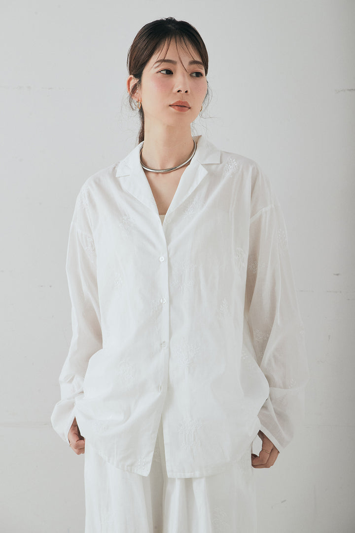 [SET]刺繍ローンオープンカラーシャツ+刺繍ローンタックイージーパンツ(2set)