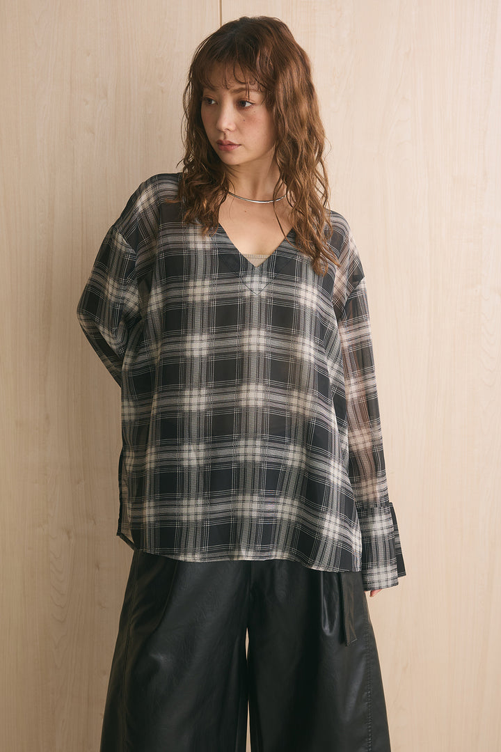 [SET]Vネックオンブレチェックシャツ+オンブレチェックレースショール(2set)