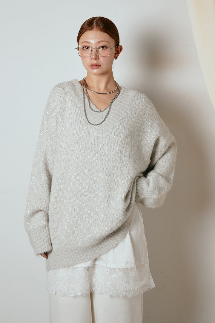 [SET]Vネックルーズラメニットトップス+レース切り替えキャミソール(2set)