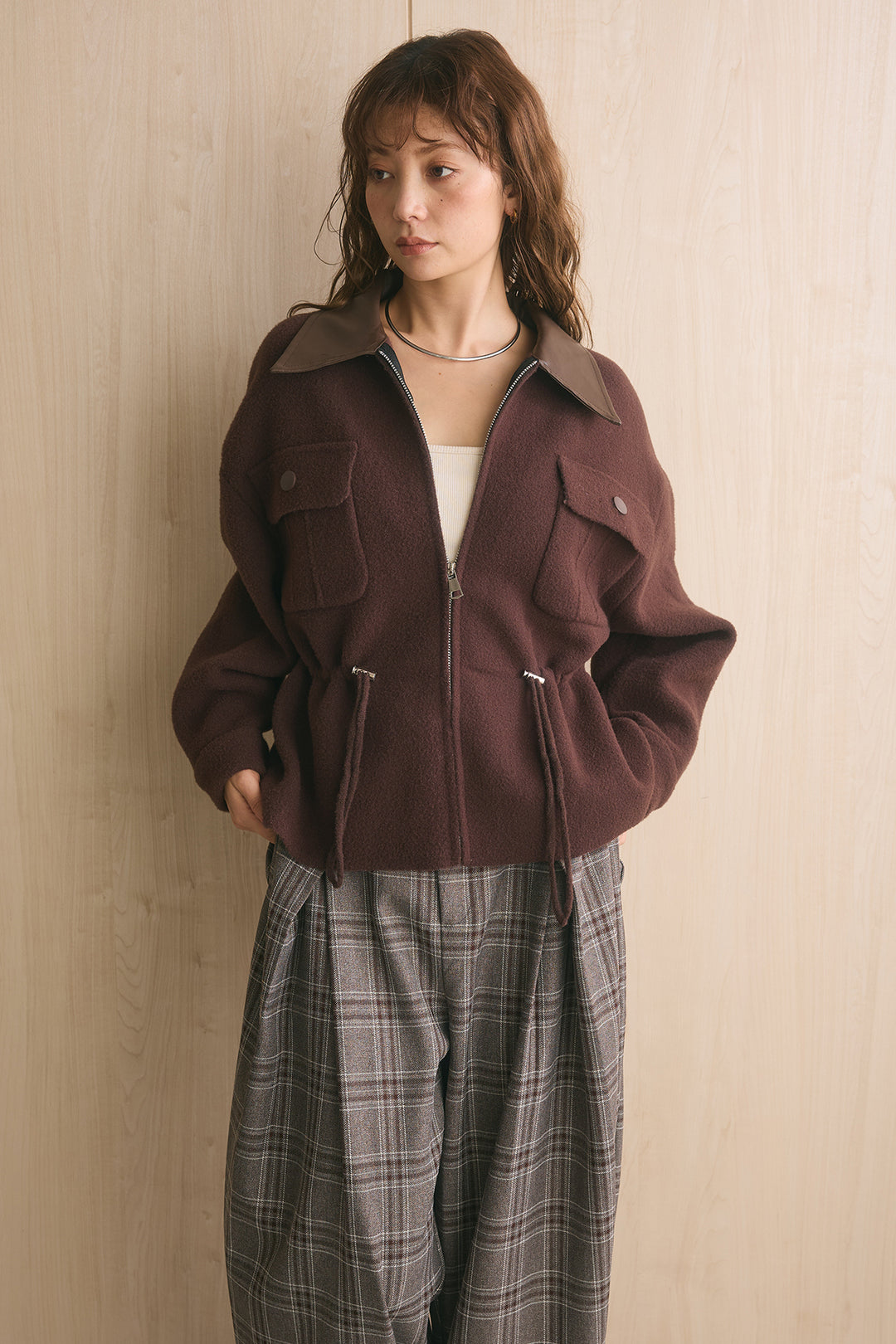 [SET]エコレザー切替えニットジャケット+スタッズ付きニーサイドタックスウェットパンツ(2set)
