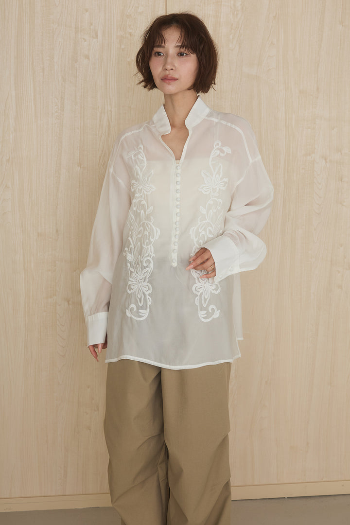 [SET]フロントボタンニュアンス柄ブラウス+ニーサイドタックウエストドロストパンツ(2set)