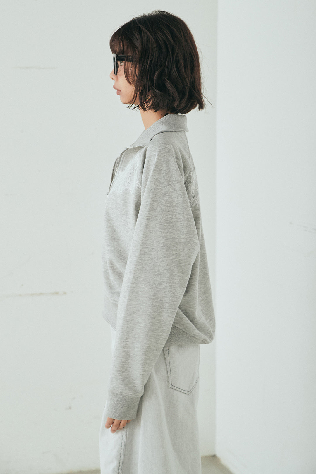 リバーレースハーフジップ裏毛スウェット