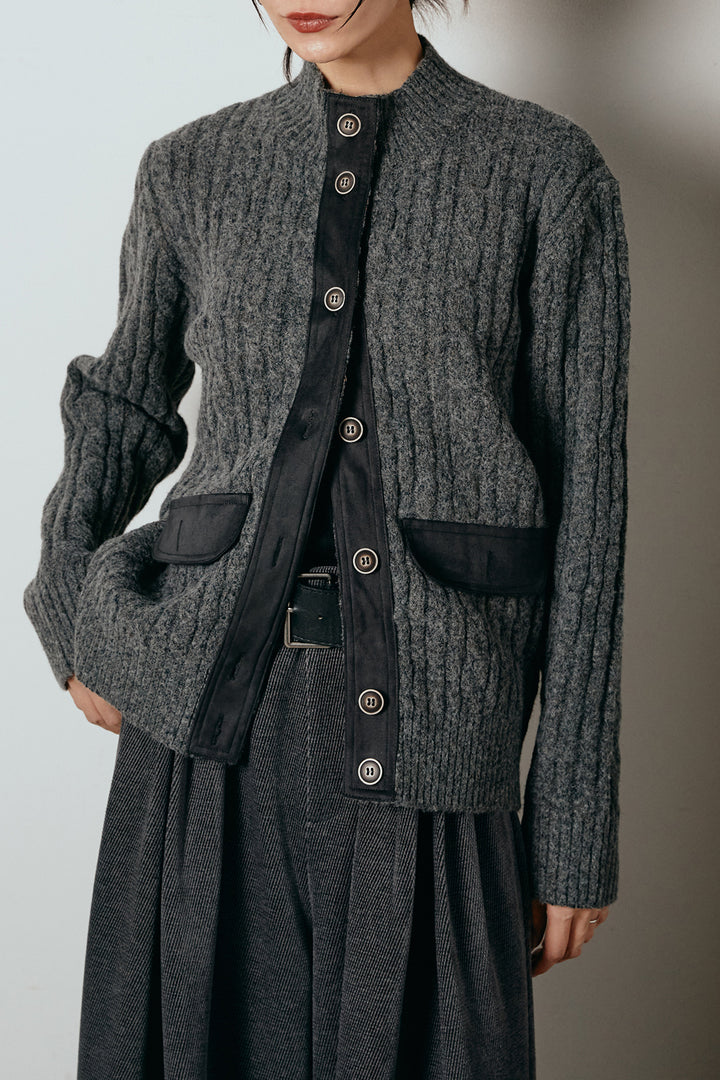 [SET]ボトルネックケーブルニットカーディガン+起毛タック入りツイードワイドパンツ(2set)