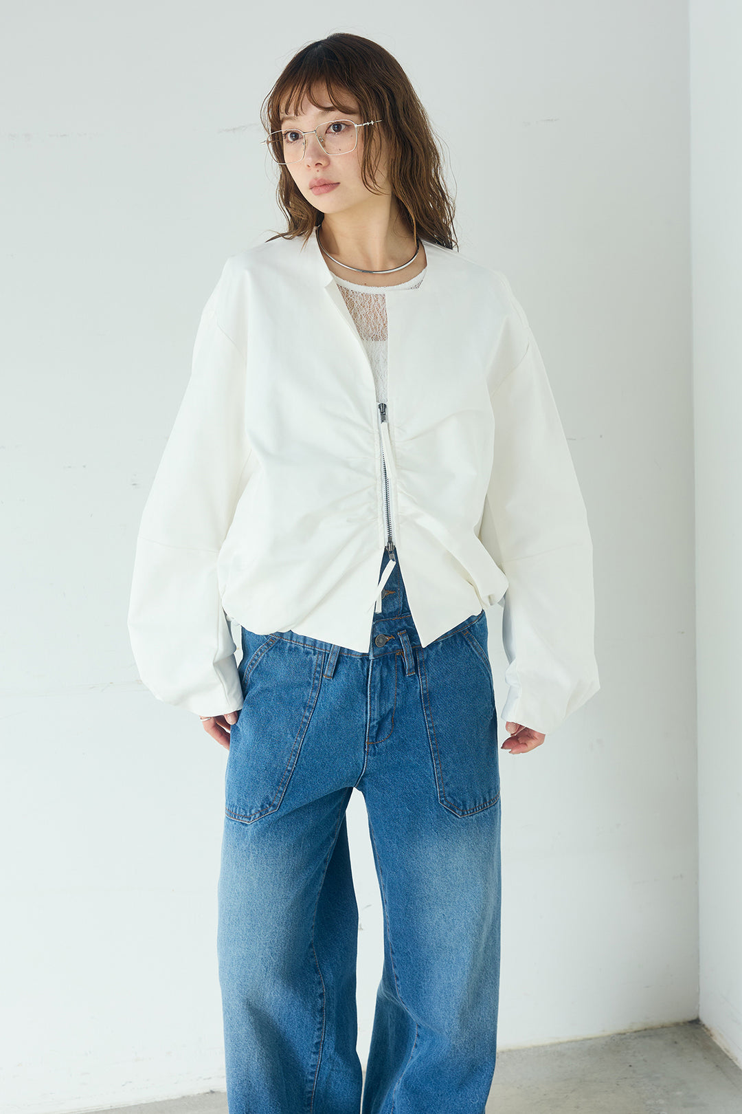 [SET]ノーカラーフロントギャザージップアウター+ツイルメニータックパンツ(2set)