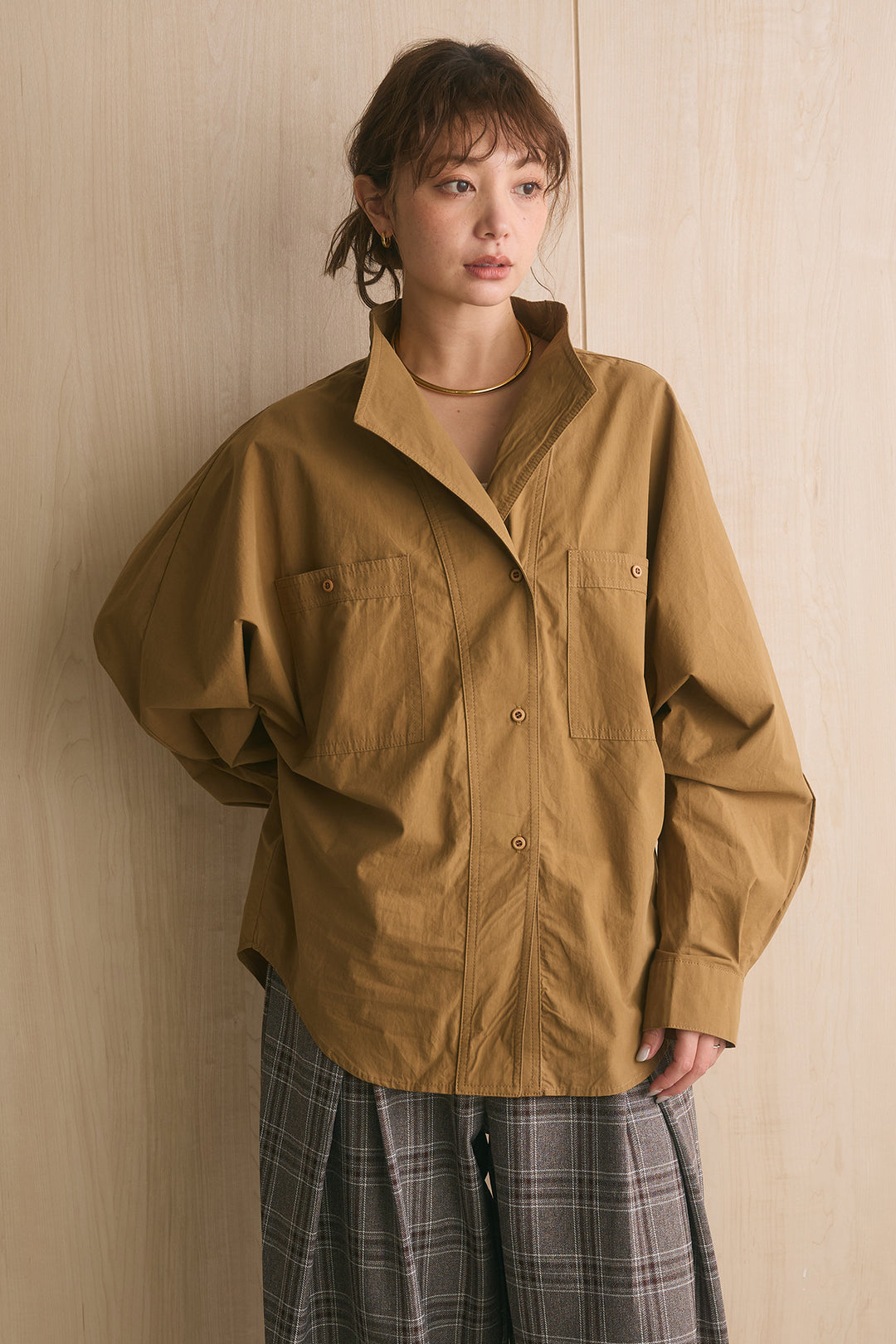 [SET]ワイドシルエットポケット付きシャツ+ブリティッシュチェックバレルパンツ(2set)