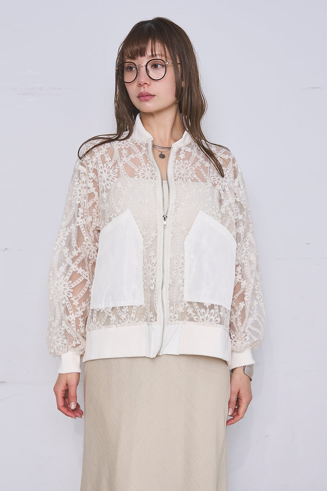 [SET]ノーカラーレースブルゾン+リネンブレンドロングナロースカート(2set)