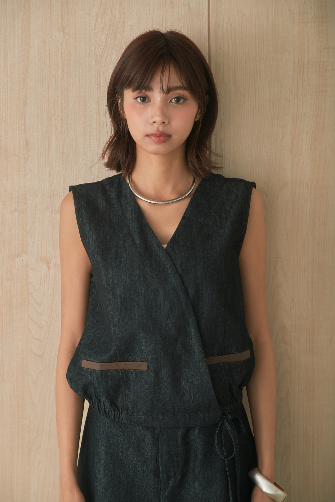 [SET]Vネックデニムベストトップス+ハイウエストデニムワイドパンツ(2set)
