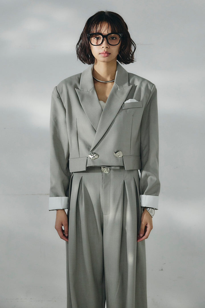 [SET]メタルプレートショート丈ジャケット+メタルプレートタックワイドパンツ(2set)