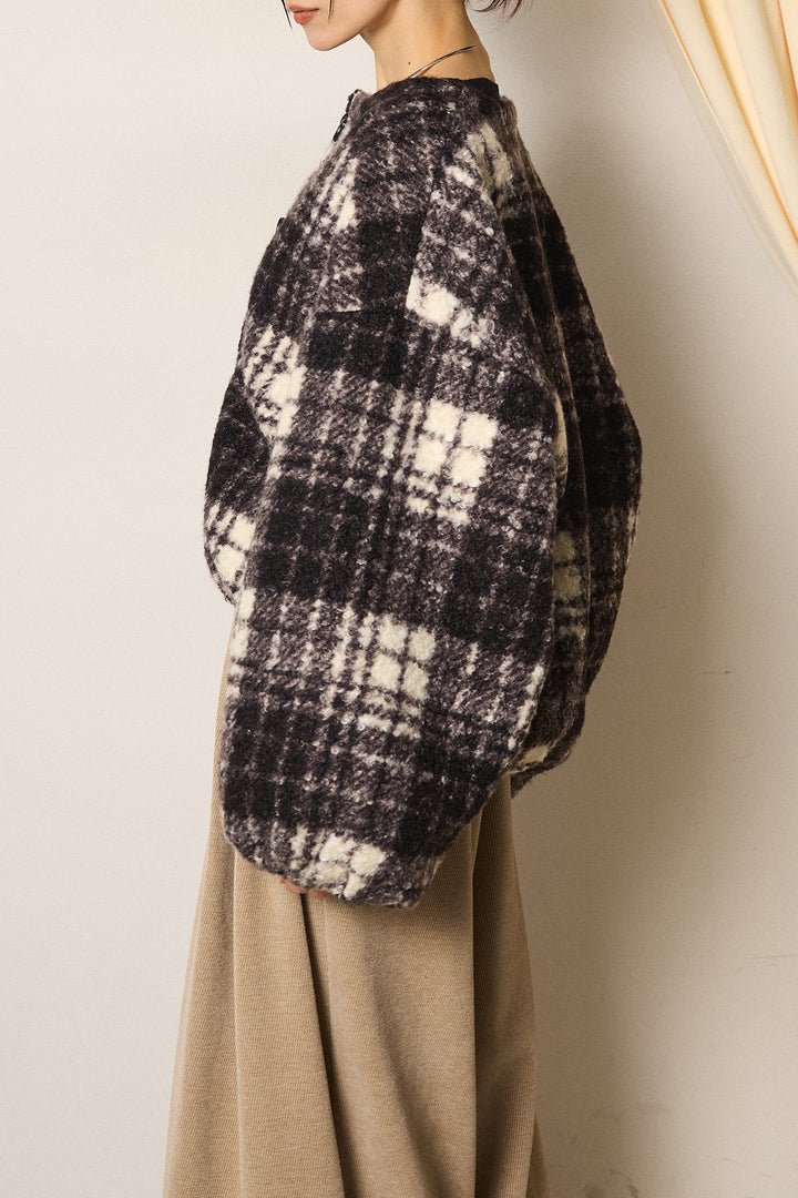 ノーカラーチェック柄ボアブルゾン