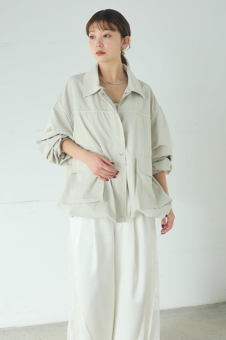 [SET]合繊ツイルバルーンジャケット+サテンレース切り替えタックパンツ(2set)