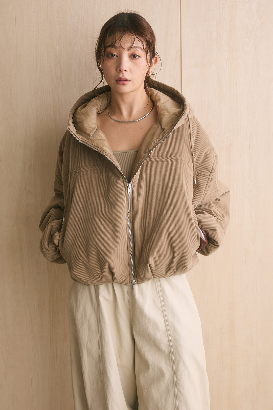 [SET]コーデュロイフーディバルーンブルゾン+フェイクレザーカーブワイドパンツ(2set)
