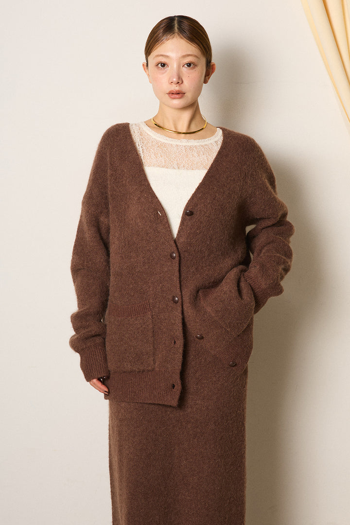 [SET]丸ボタン起毛ニットカーディガン+起毛ニットロングスカート(2set)