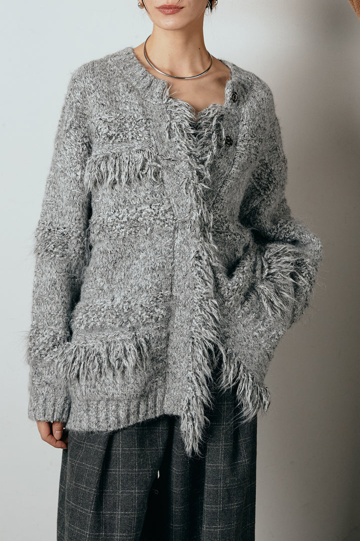 [SET]フリンジニットカーディガン+ウールライクチェックタックパンツ(2set)