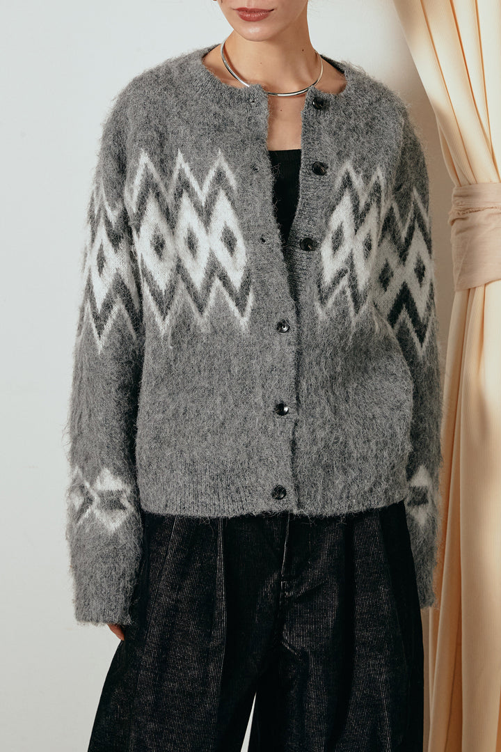 [SET]起毛ノルディック柄ニットカーディガン+ワイドツイルサロペット(2set)