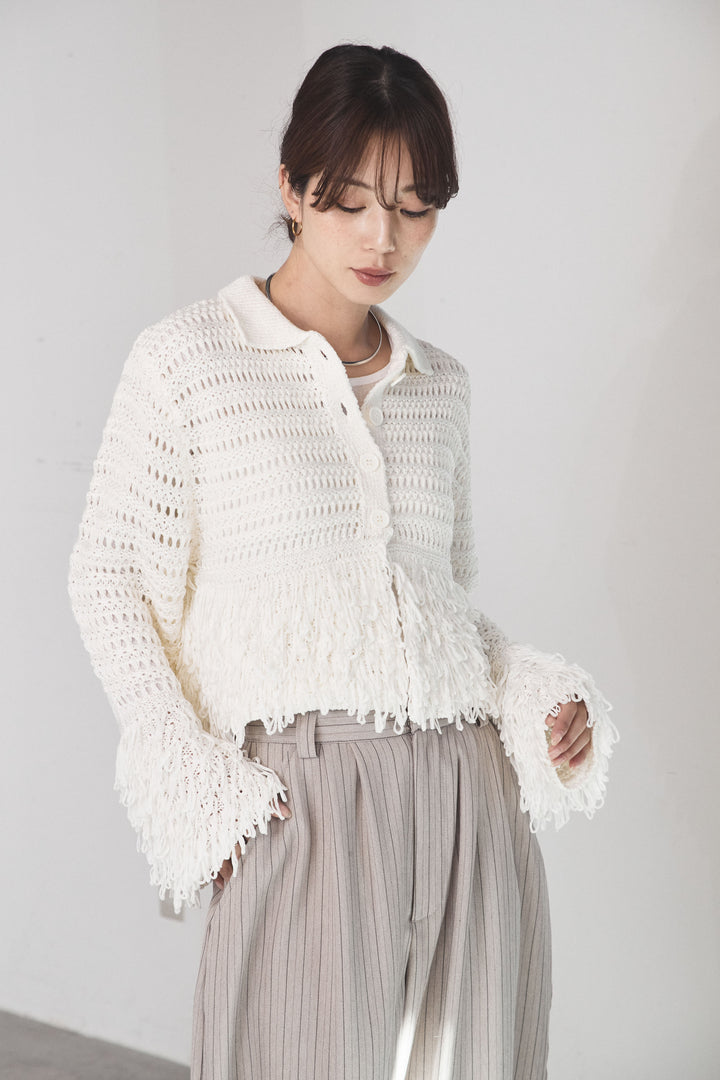 [SET]メッシュフリンジカーディガン+ヘリンボーンストライプツータックパンツ(2set)