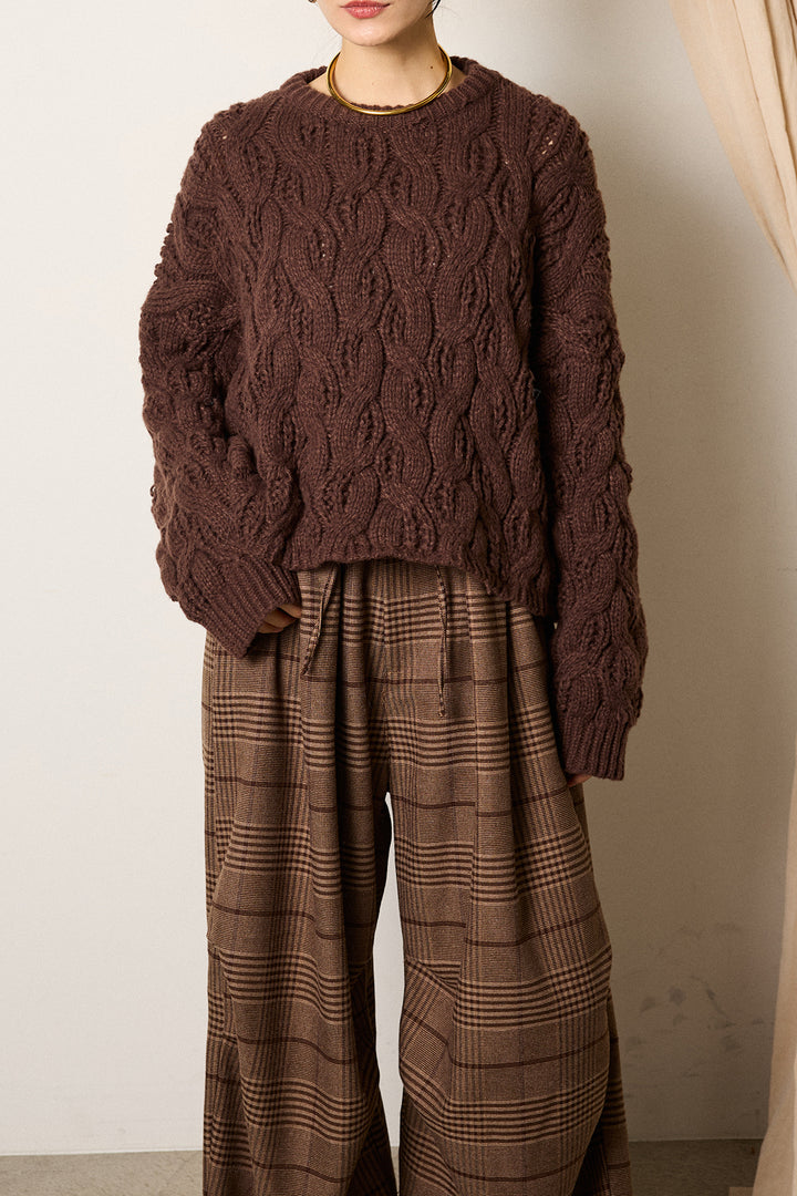 [SET]ケーブルリラックスショートニット+グレンチェックルーズタックパンツ(2set)