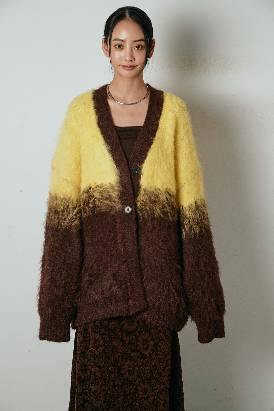 [SET]起毛グラデーションニットカーディガン+レース切り替えキャミソール(2set)