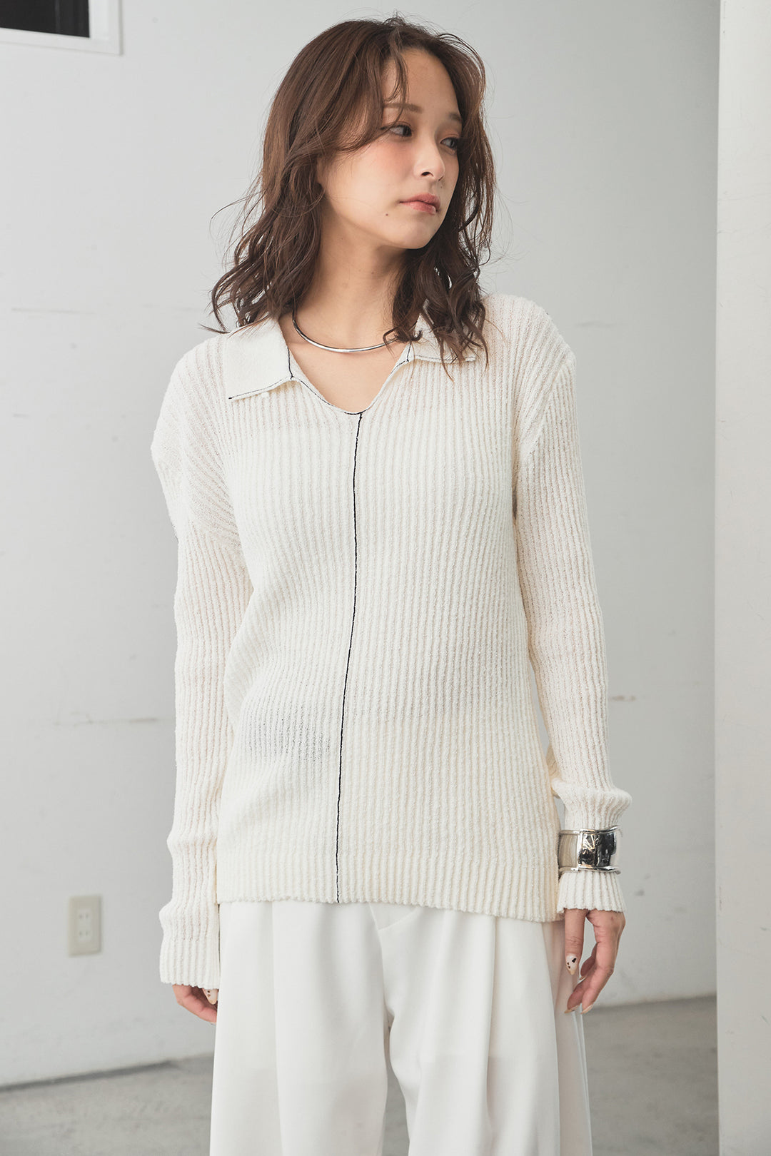 [SET]衿付きニットプルオーバー+ベルト付きツータックワイドパンツ(2set)