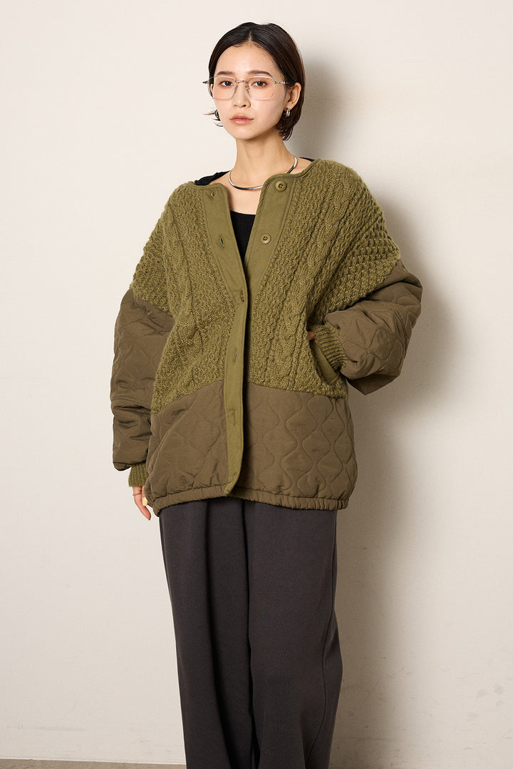 アラン編みニットノーカラー裾キルティングブルゾン