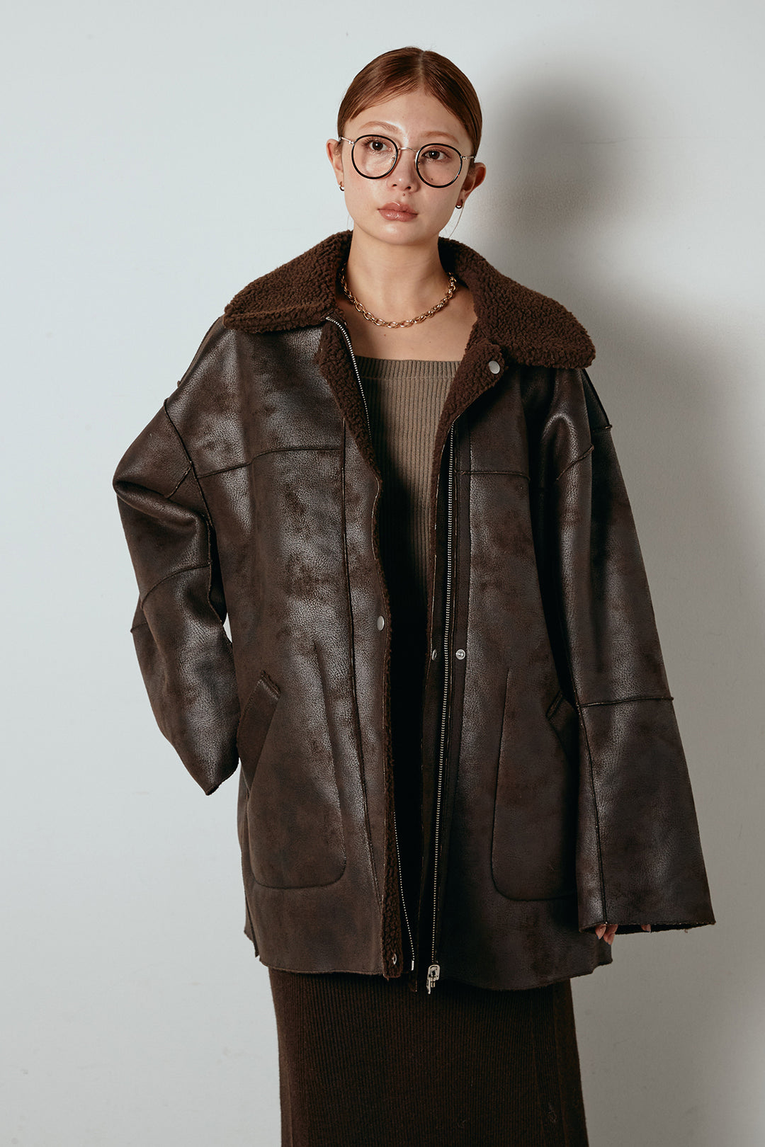 [SET]リバーシブルエコムートンコート+リブナローニットスカート(2set)