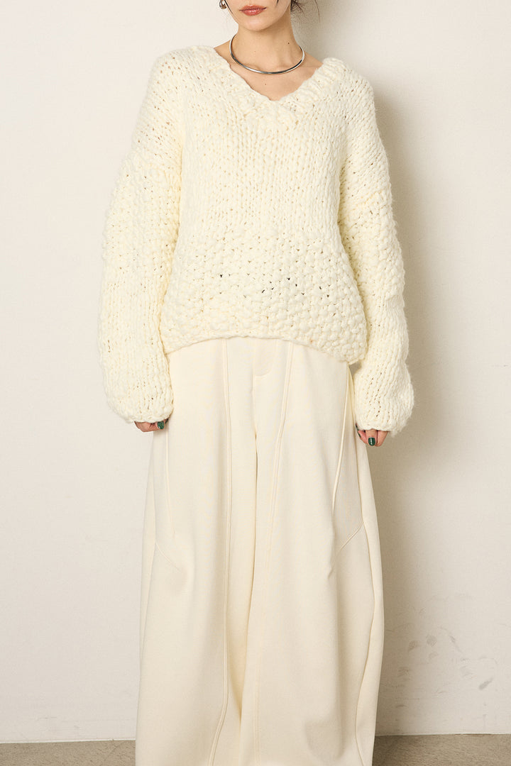 [SET]Vネックハンド編みニットトップス+レース切り替えキャミソール(2set)