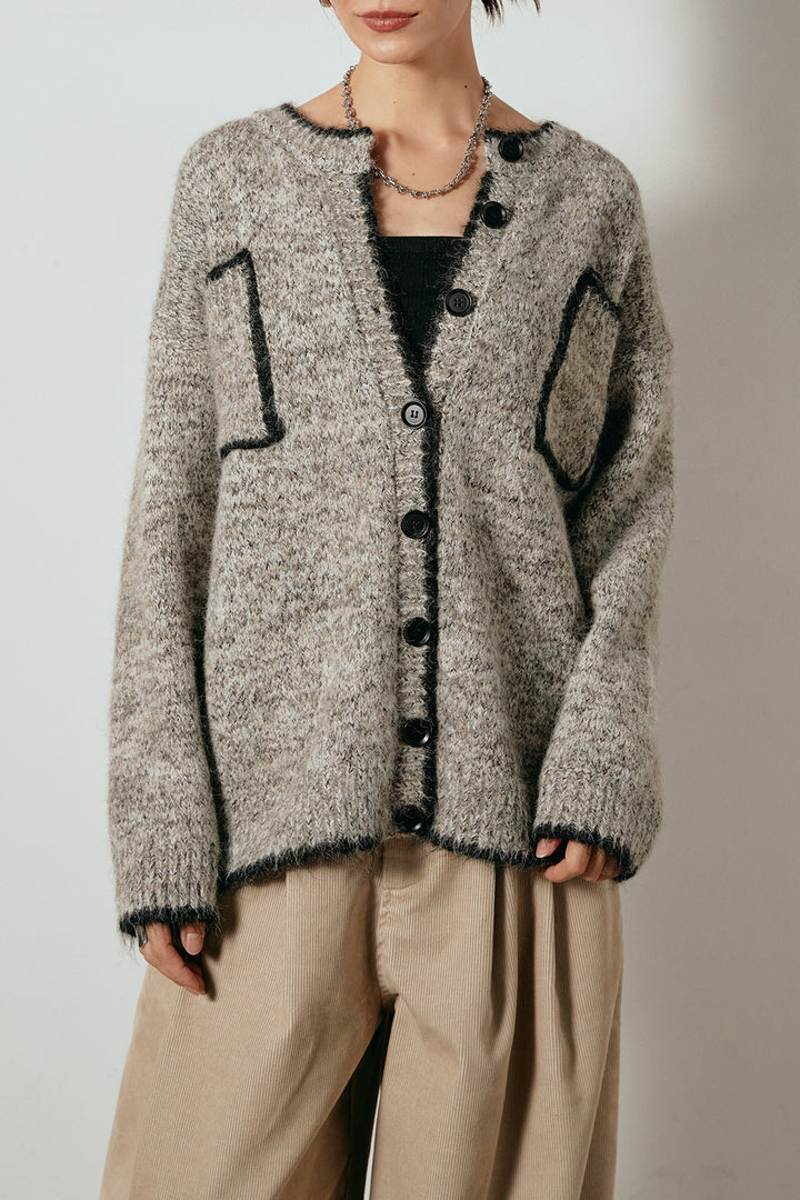 [SET]ミックスニットポケットカーディガン+紐付きフェイクレザーワイドスカート(2set)