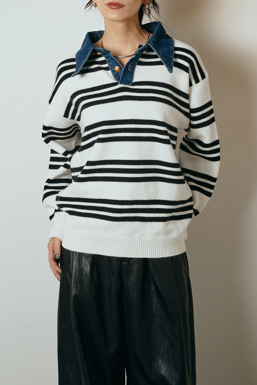 [SET]デニムレイヤード風ランダムボーダーニットプルオーバー+ベルト付きレザーライクタックパンツ(2set)